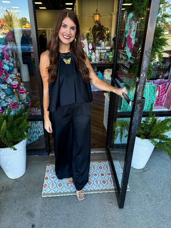 Elegant Series Black Satin Round Neck Jumpsuit