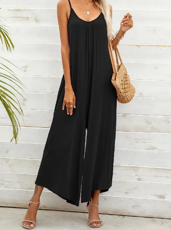 Cozy Lounge Wear Black Wide Leg Cami Jumpsuit