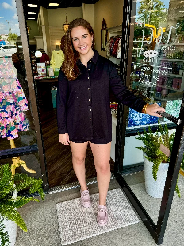 Classic Series Button Down Shirt Romper: Black