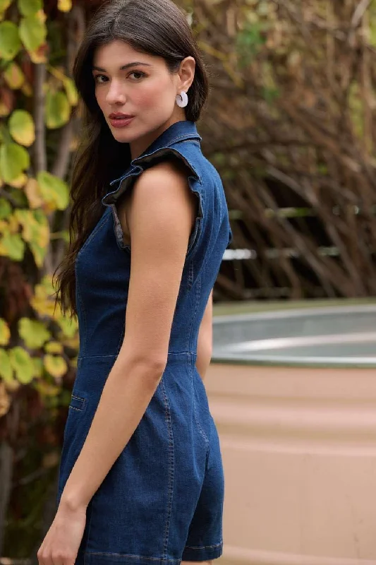 Relaxed Looks Denim Ruffle Sleeve Zip-Up Romper