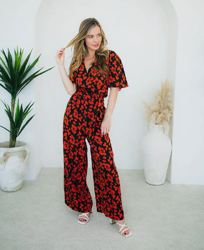 Feminine Charm Red Floral Flutter Sleeve Jumpsuit