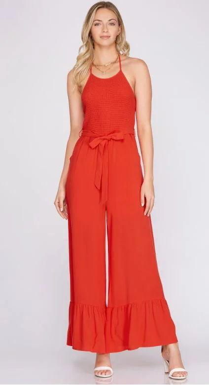 Light Fit Halter Neck Smocked Top Jumpsuit