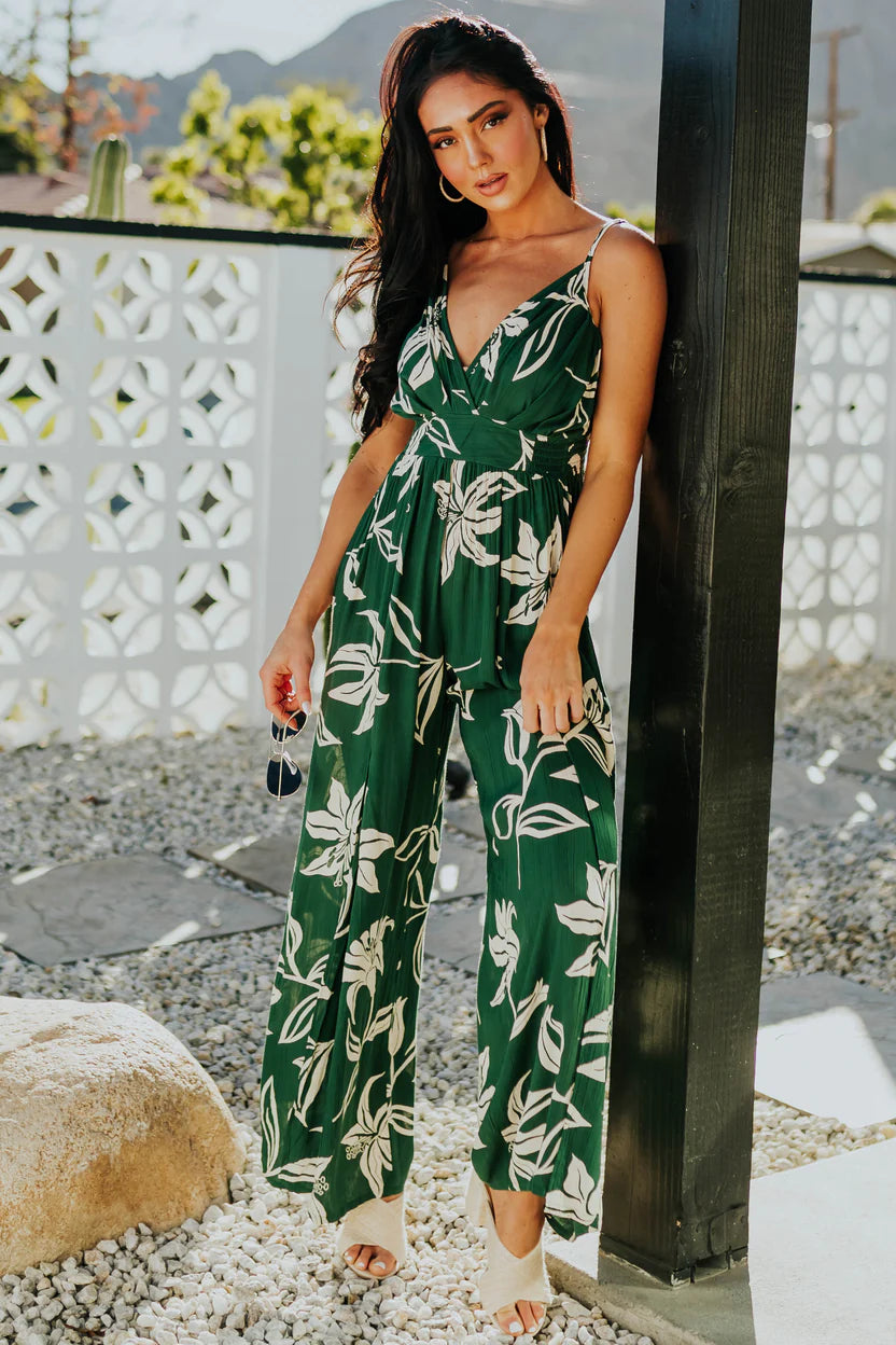 Sporty Comfort Lush Green Floral Jumpsuit with Leg Slit