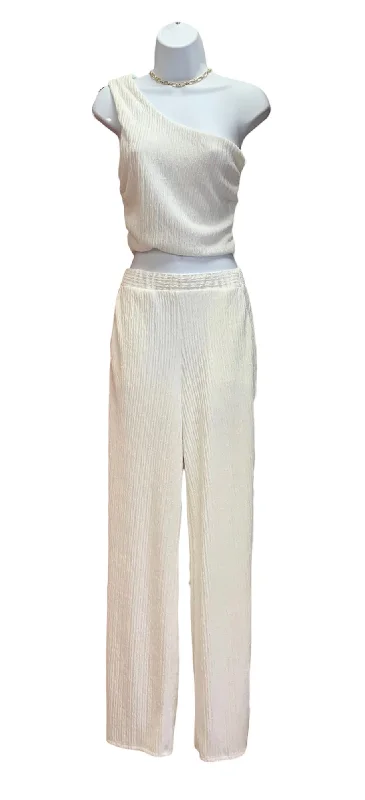 Relaxed Tops Off White Set (Slit Pant & One Shoulder Crop)