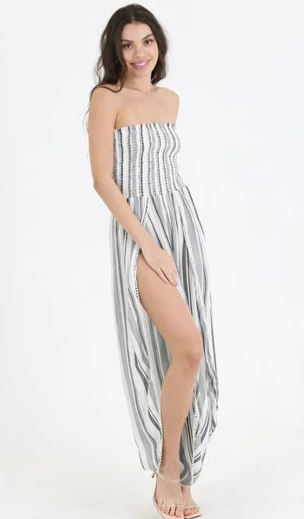 Soft Looks Strapless Smocked Striped Jumpsuit