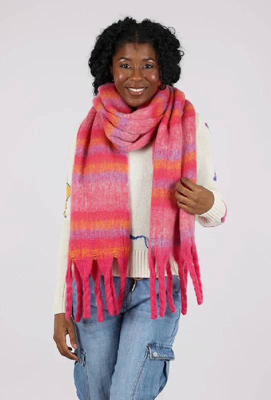 Brushed Chunky Fringe Stripe Scarf, Deep Pink Combo