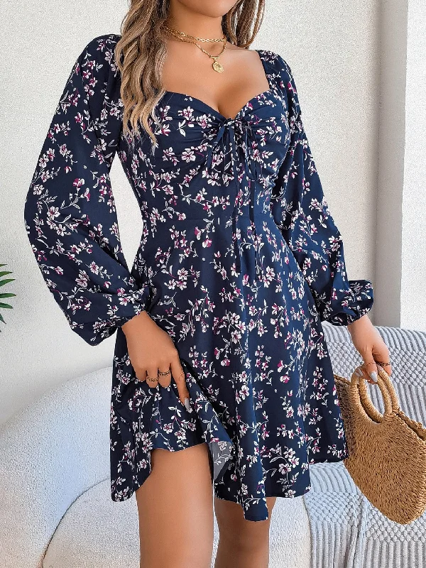 Printed Sweetheart Neck Balloon Sleeve Mini Dress