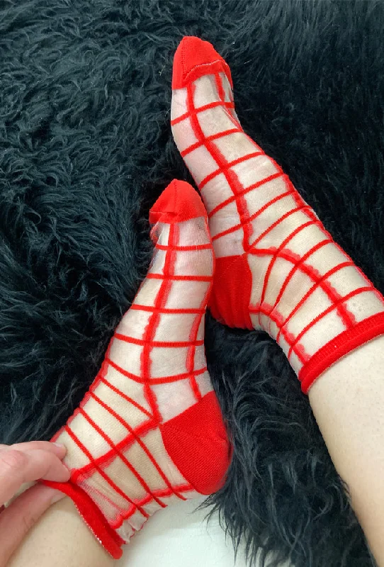 Sheer Windowpane Sock , Classic Red