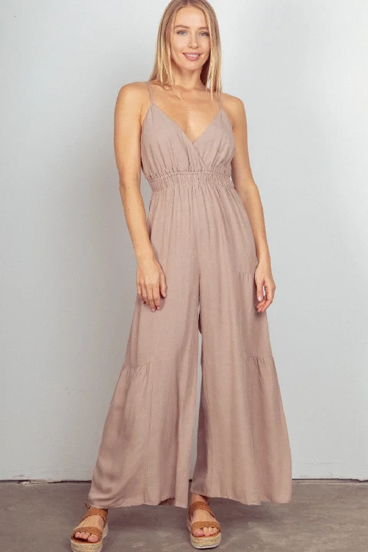 VERY J Sleeveless Ruched Wide Leg Jumpsuit