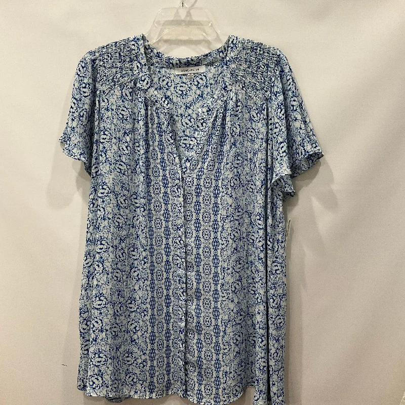 Fashion Must-have Blue & White Top Short Sleeve Rose And Olive, Size 2x