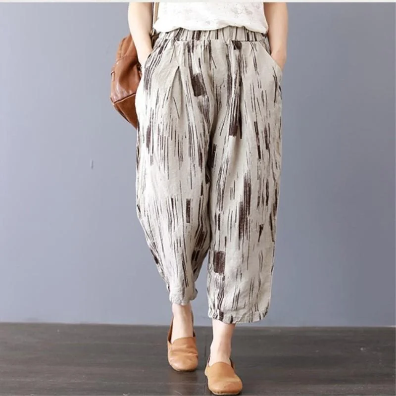 Casual Cotton Linen Striped Wide Leg Harem Pants