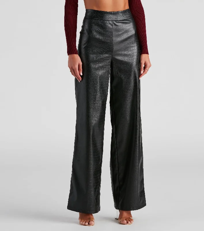 Relaxed Style Chic Mate PU Croc Wide Leg Pants