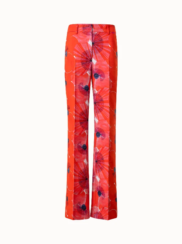 Multifunctional Style Cotton Silk Double-Face Wide Leg Pants with Poppy Print