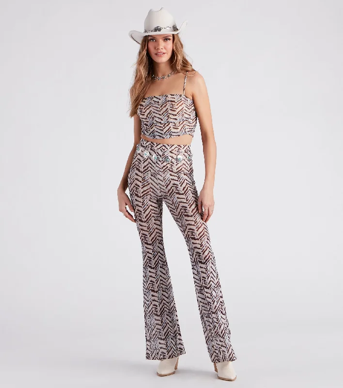 Cozy Lounge Wear Cute In Chevron Print Mesh Flare Pants