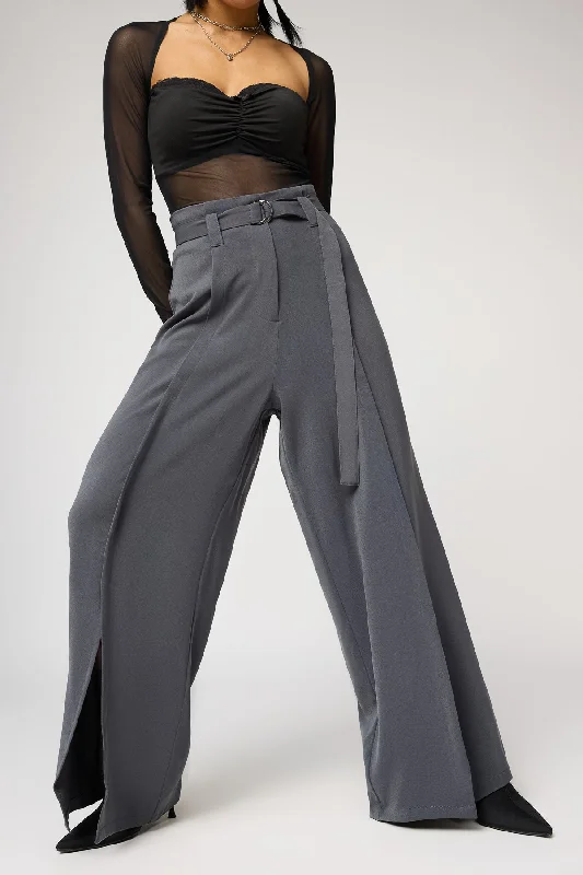 Silken Grey Belted Flared Korean Pants