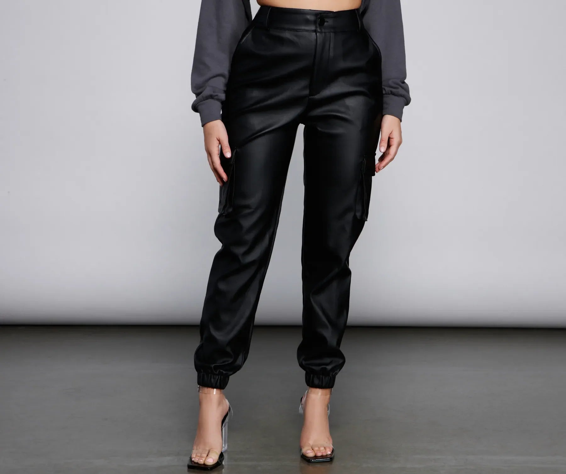 Smart Comfort Wear High Waist Faux Leather Cargo Pants
