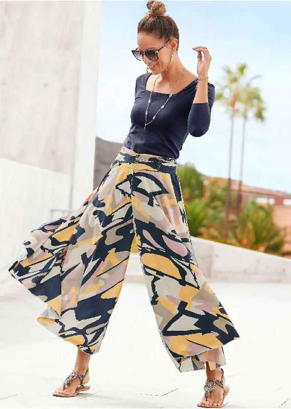 Printed Flowy Pants - Navy Multi