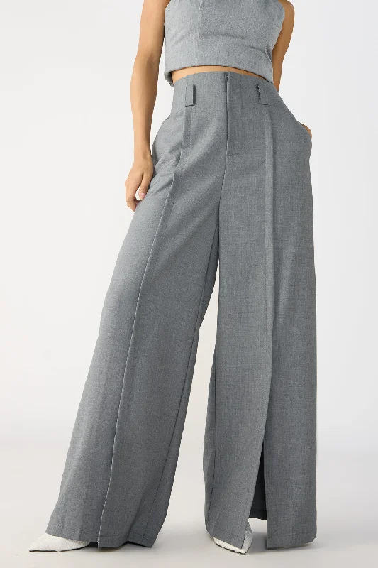 Slubbed Grey Front Slited Korean Pants