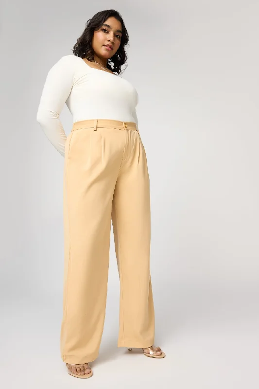 Nude Beige Curve Pleated Straight Korean Pants