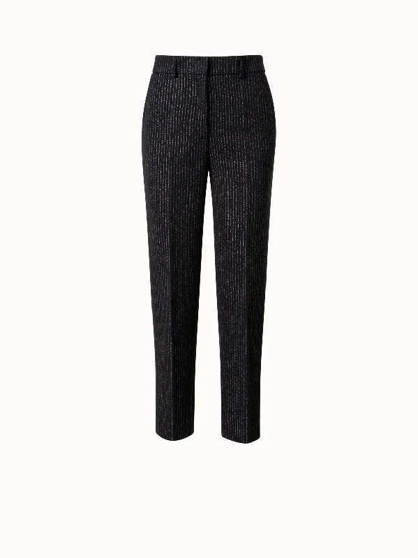 Versatile Style Pebble Crêpe Tapered Pants with Metallic Pin Stripes
