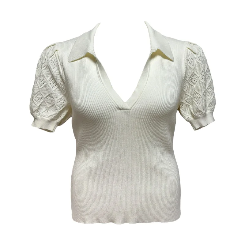 Practical Style Pointelle Puff Sleeve Polo Top Designer By Milly In White, Size: L