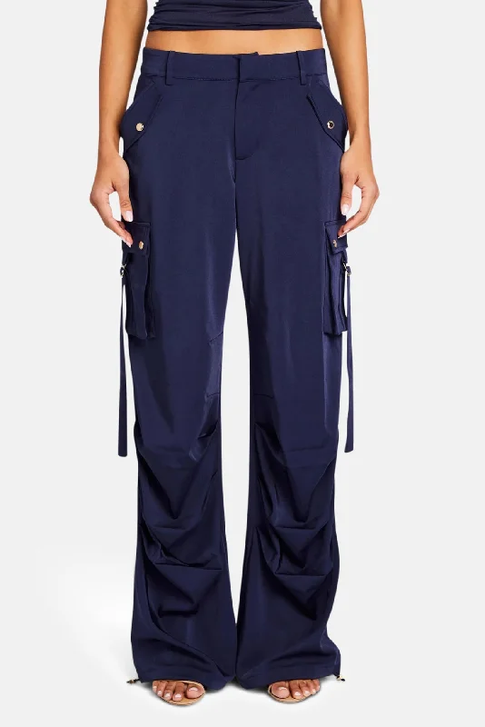 Casual Fit Lai Satin Cargo Pant Navy
