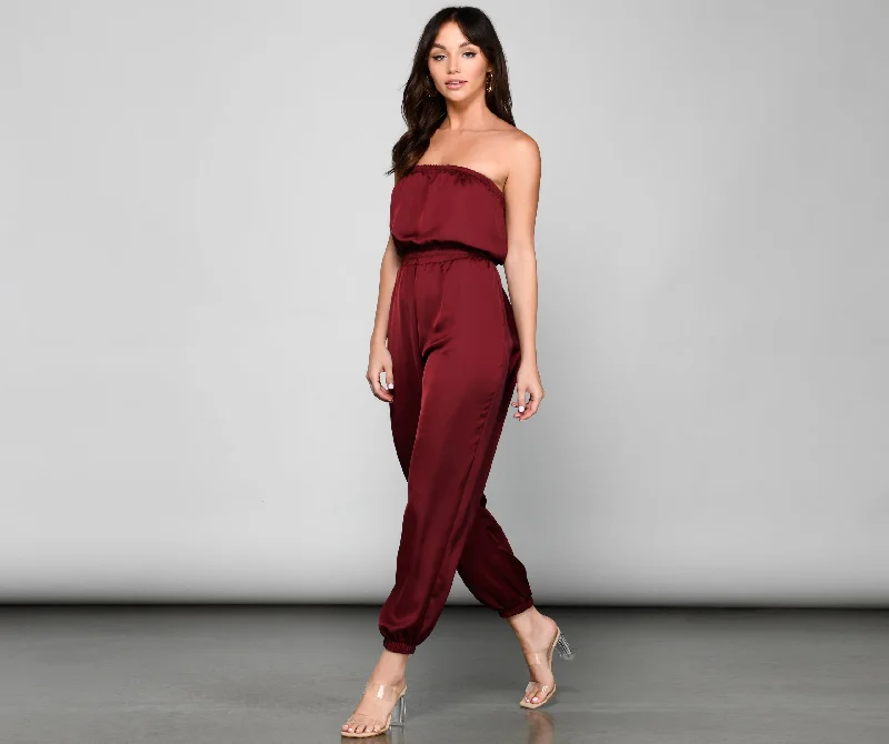 Cozy Lounge Wear Sleek Strapless Satin Jumpsuit