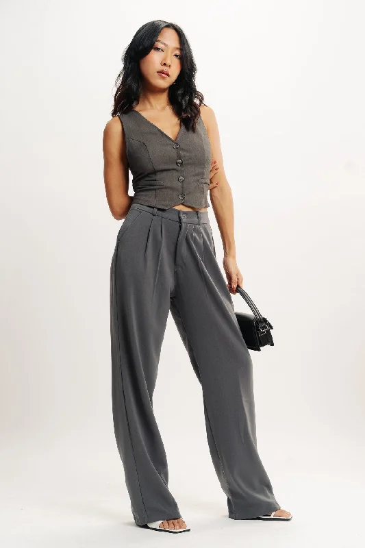 Grey Pleated Straight Fit Korean Pant