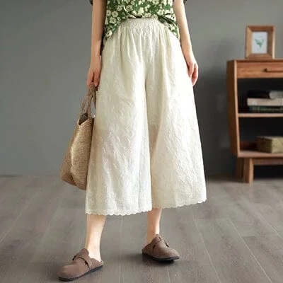 Summer Loose Retro Embroidery Trim Wide Leg Pants