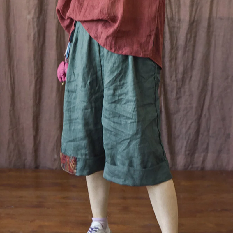 Summer Retro Patchwork Linen Loose Knee High Pants