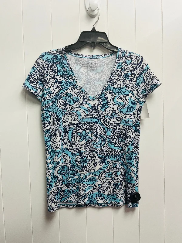 Summer Selection Top Short Sleeve Designer By Lilly Pulitzer In Blue & White, Size: S