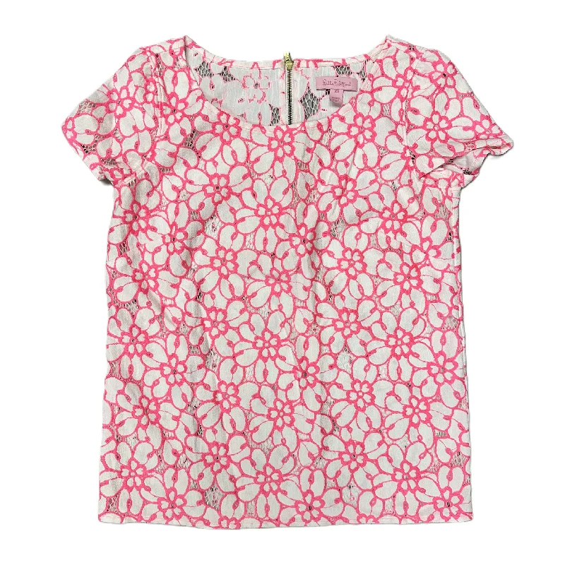 Feminine Charm Top Short Sleeve Designer By Lilly Pulitzer In Pink & White, Size: Xs