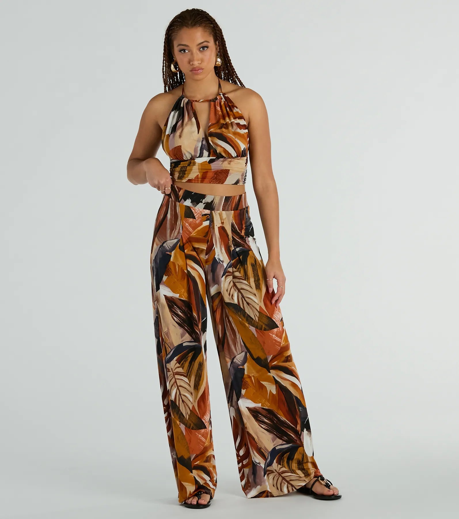 Casual Chic Looks Vacay Ready Tropical Knit Wide-Leg Pants