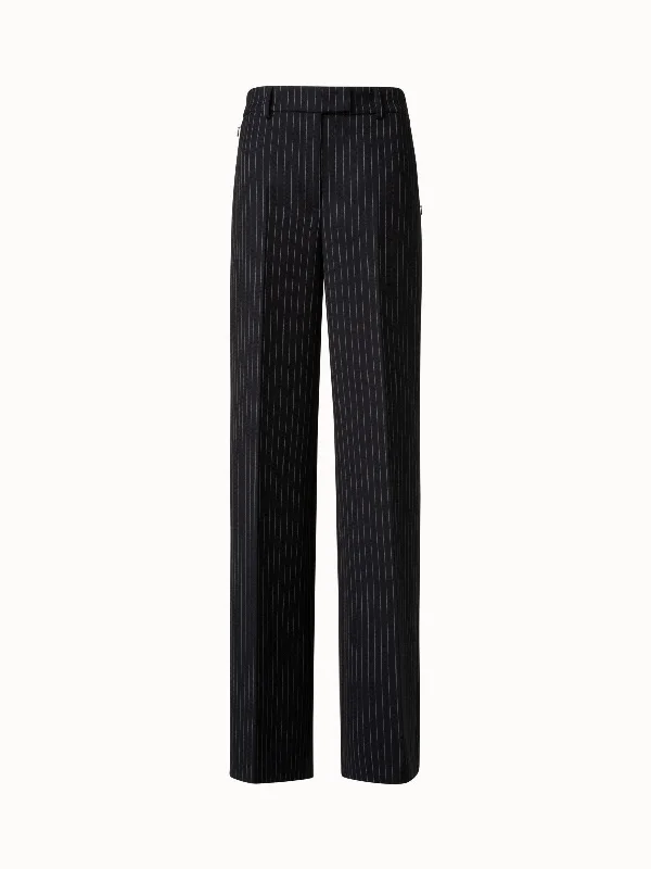 Casual Street Wide Leg Pants in Wool Double-Face with Pinstripes