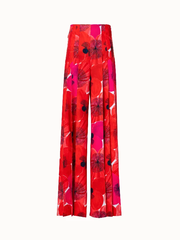 Avant-garde Design Wide Pleated Pant with Poppy Print
