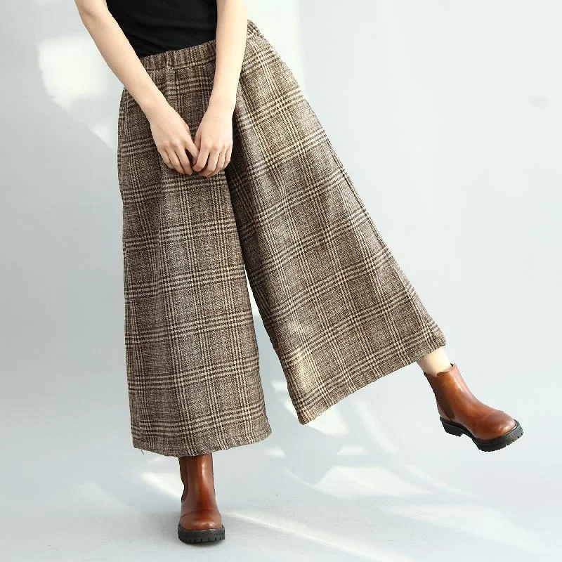 Winter Elastic Waist Plaid Wide Leg Pants