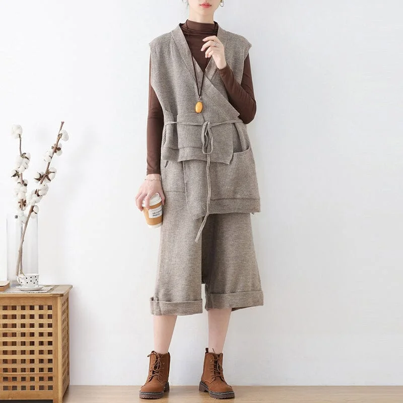 Women Autumn Retro Loose Knitted Vest & Pants Set