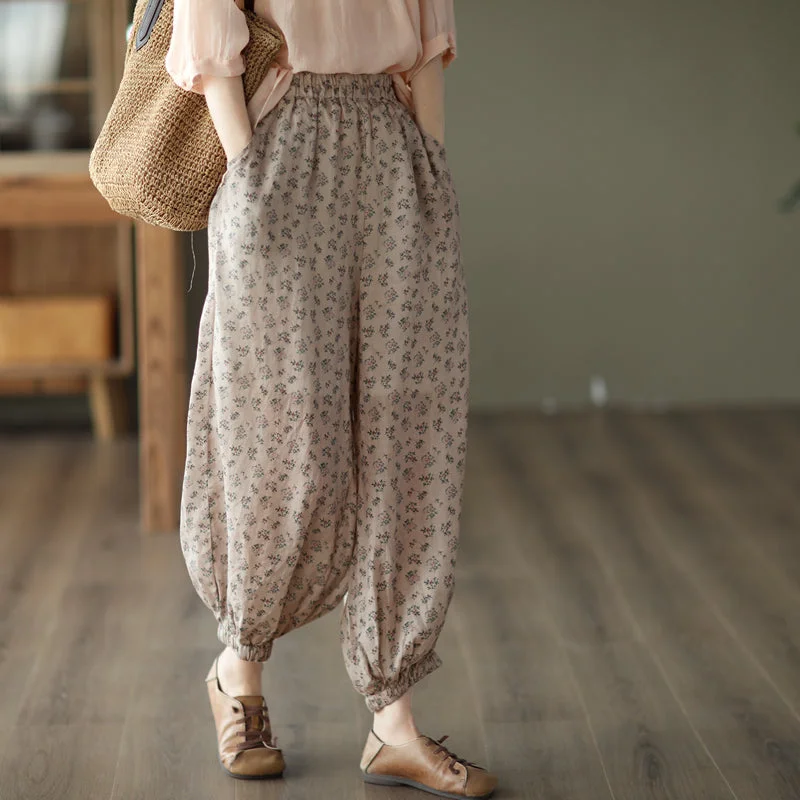 Women Retro Floral Summer Loose Linen Pants