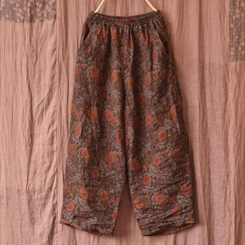 Women Retro Print Casual Loose Linen Pants