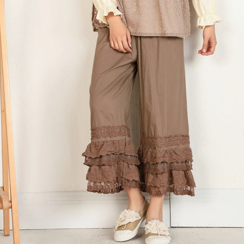 Women Spring Cotton Ruffle Bottom Wide Leg Pants