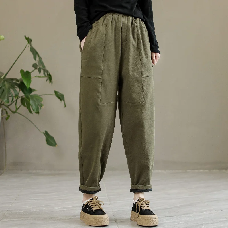 Women Winter Cotton Solid Furred Loose Pants