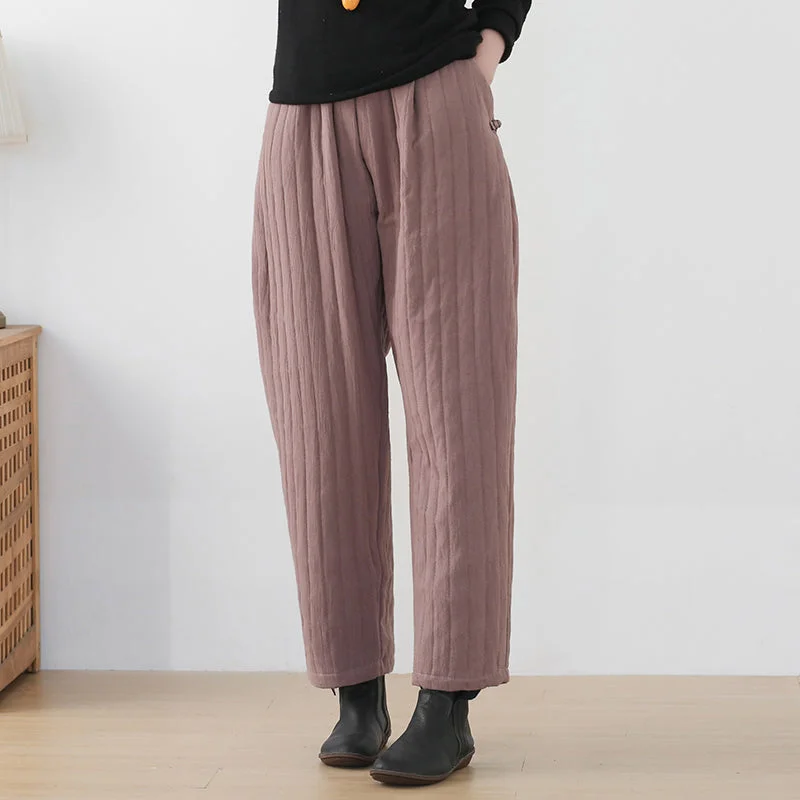 Women Winter Solid Stripe Cotton Padded Loose Pants