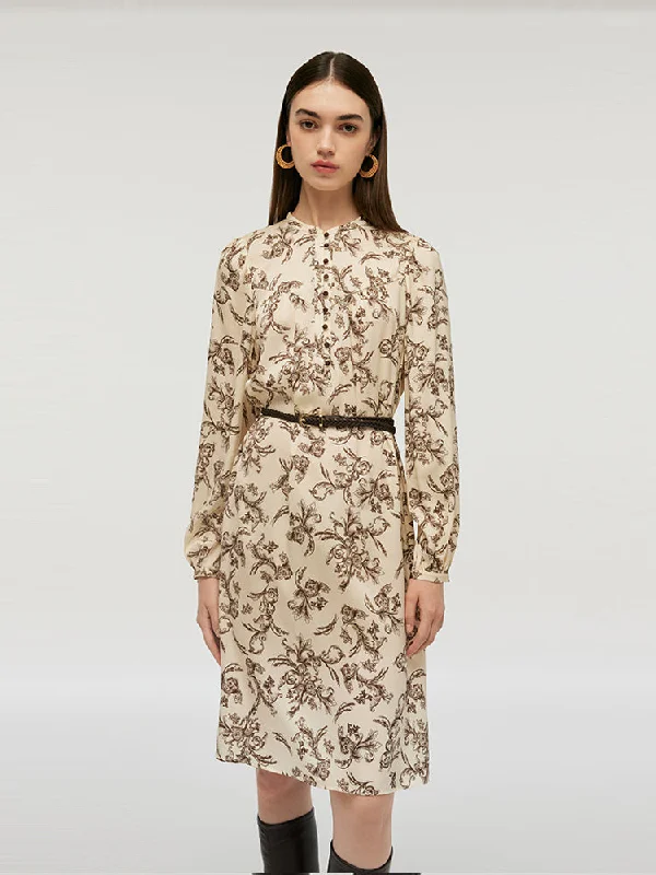 19 Momme Mulberry Silk Round Neck Print Women Midi Dress With Belt