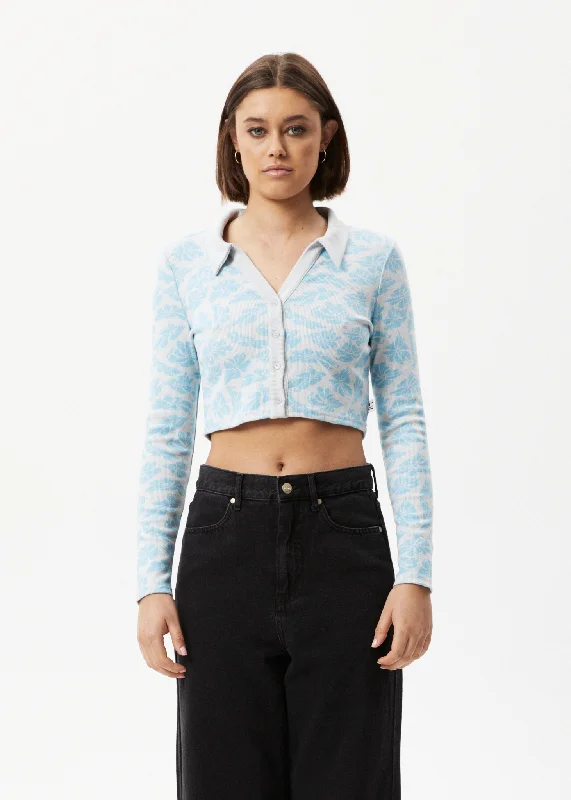 AFENDS Womens Billie - Ribbed Floral Long Sleeve Shirt - Smoke Blue