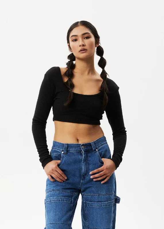 AFENDS Womens Milla - Ribbed Long Sleeve Cropped Top - Black