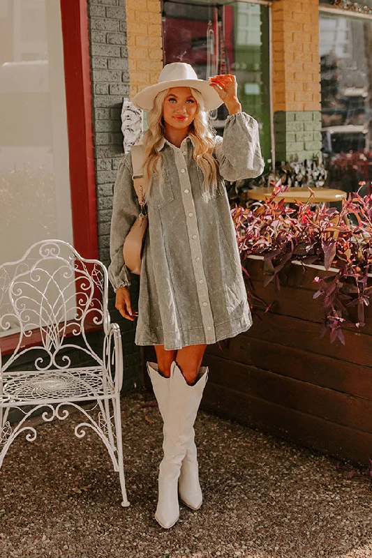 Celebrity Style Afternoon Date Denim Mini Dress in Sage