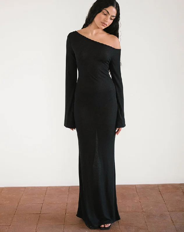 Energy Wear Aldiana Long Sleeve Asymmetric Maxi Dress in Sheer Knit Black