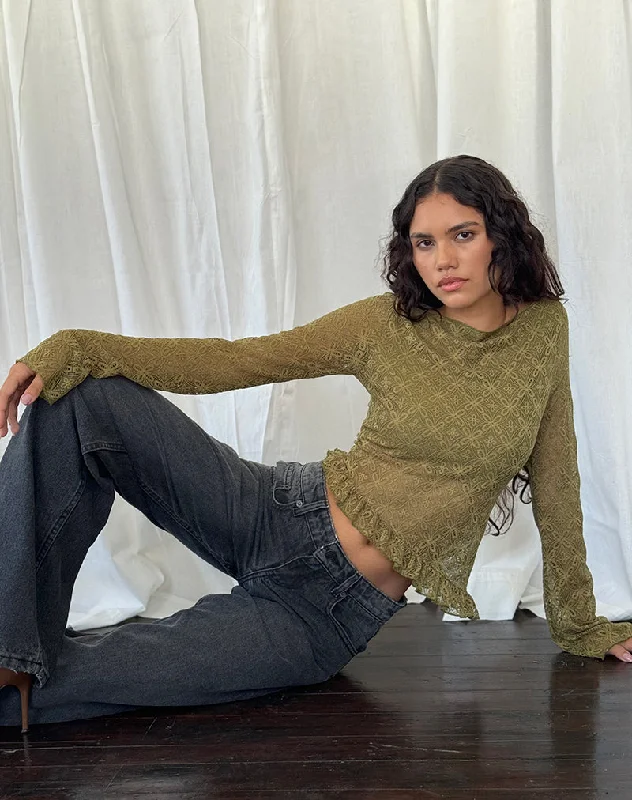 Cozy Fit Wear Allegra Long Sleeve Top in Textured Moss Green Lace