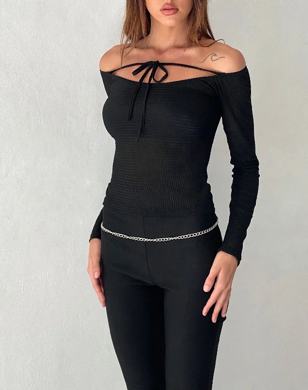 Easy Chic Wear Alondra Long Sleeve Tie Front Top in Textured Black