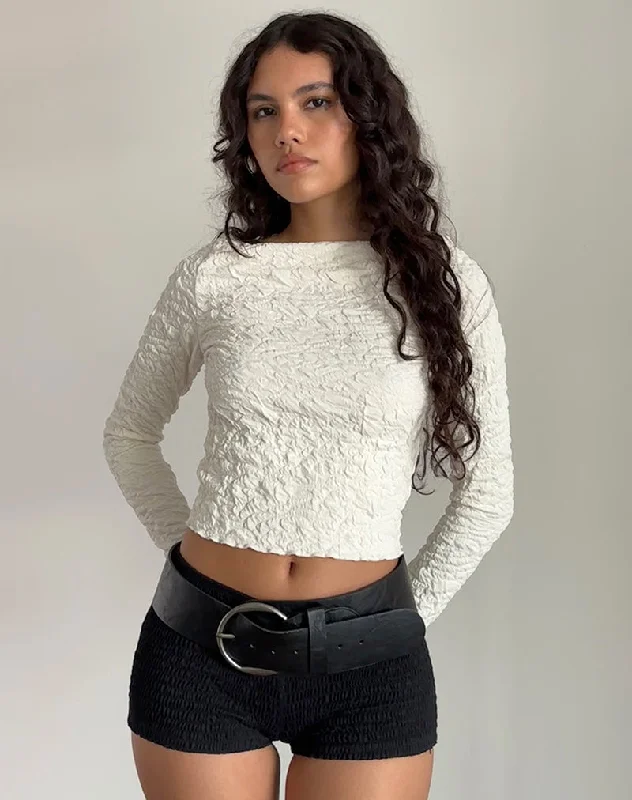 Casual Choice Angela Textured Long Sleeve Top in Jersey Cream